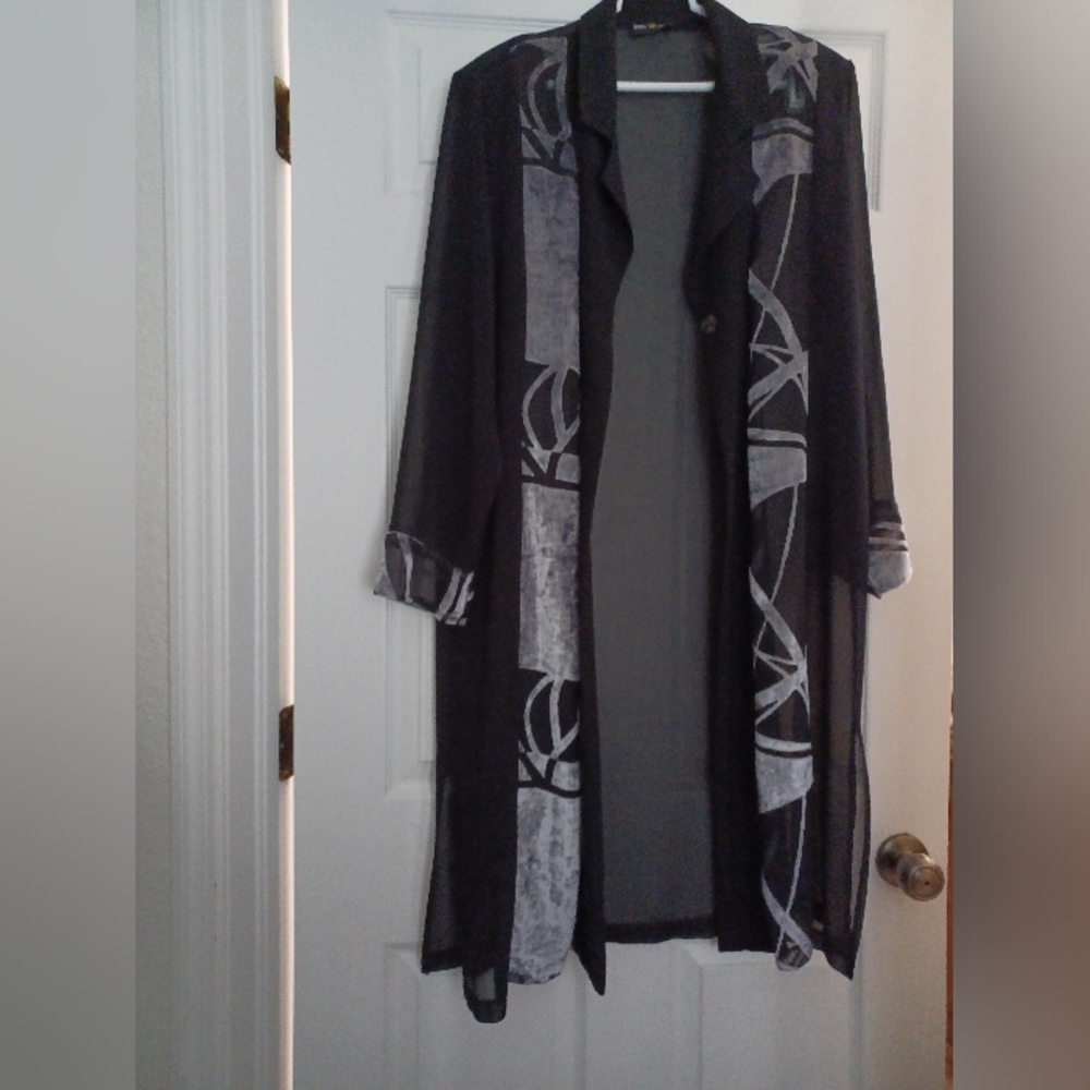 Connie's Moon Light Black and Gray Women's Sheer Long Duster With Silver Velvet.